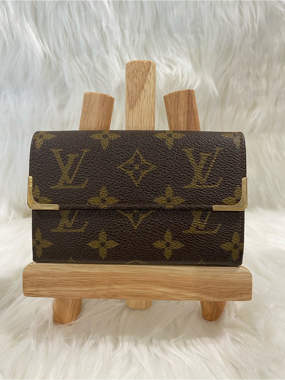 Vintage Louis Vuitton Brown Monogram Small Wallet with Gold Accents